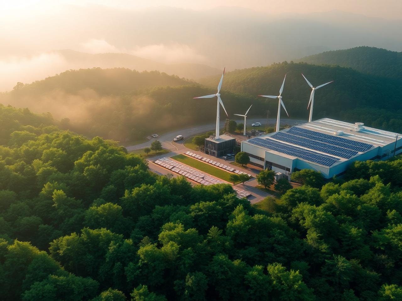 Instalación industrial sostenible con energías renovables y entorno natural